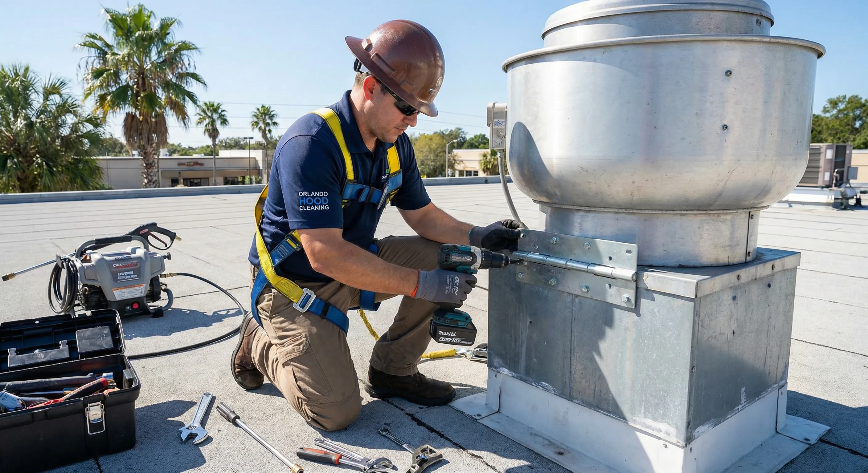 Chicago Hood Cleaning Pros technician installing exhaust fan hinge kit