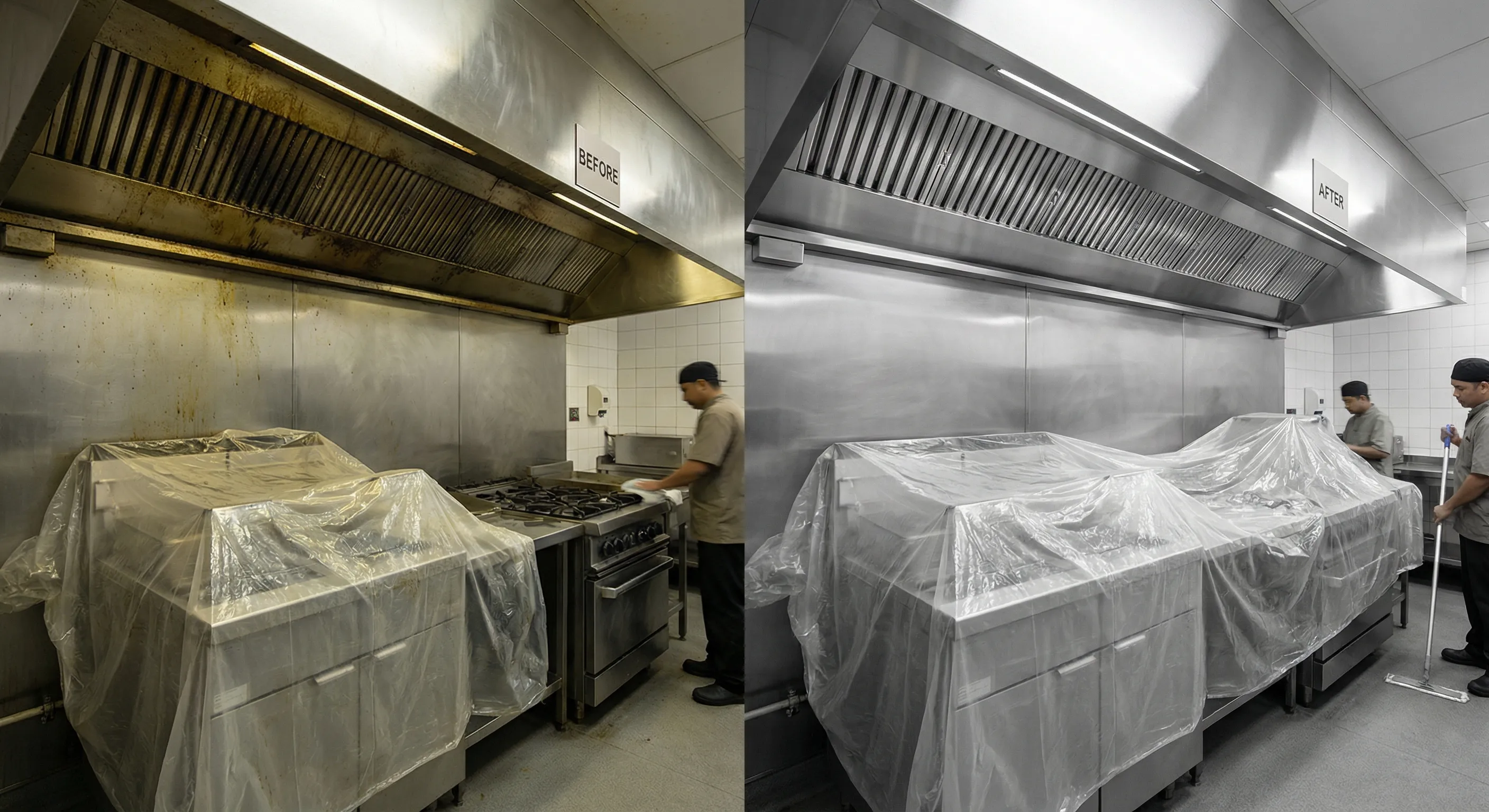 Before and after Chicago hood cleaning comparison showing restaurant grease removal results